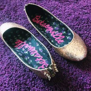 Betsey Johnson Gold Glitter Flats with Spikes